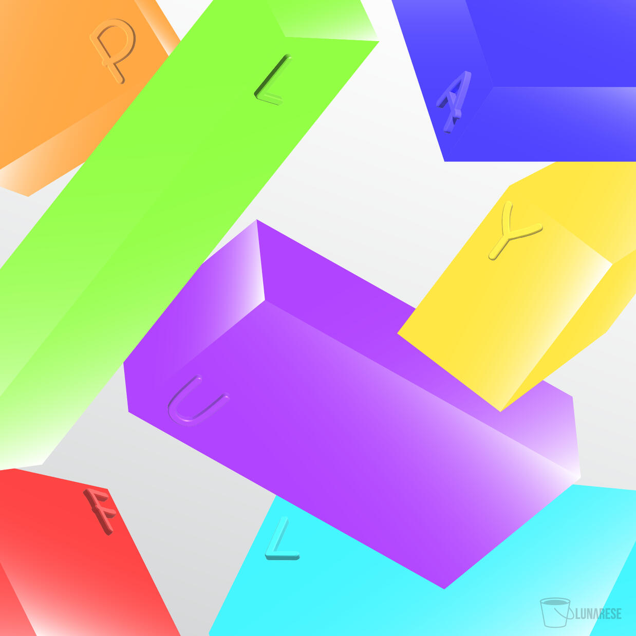 PLAYFUL This graphic design has an assortment of several coloured blocks that are shaded to look 3D; each block is of a different colour of the rainbow. Each block had a letter that together spells out the word "PLAYFUL" The background is a light to white gradien